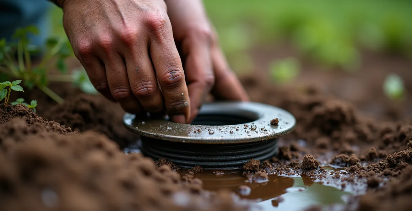 Main d'expert testant la perméabilité du sol avec un infiltromètre