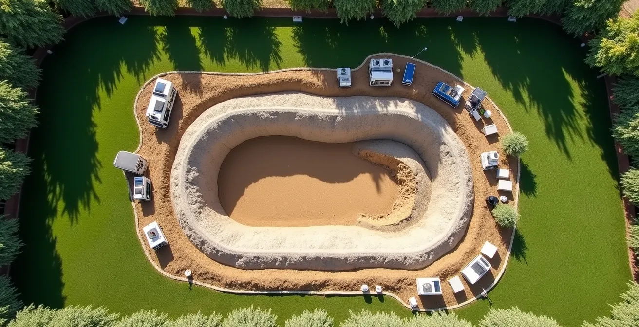 Vue aérienne d'un chantier de piscine avec matériaux organisés par zones