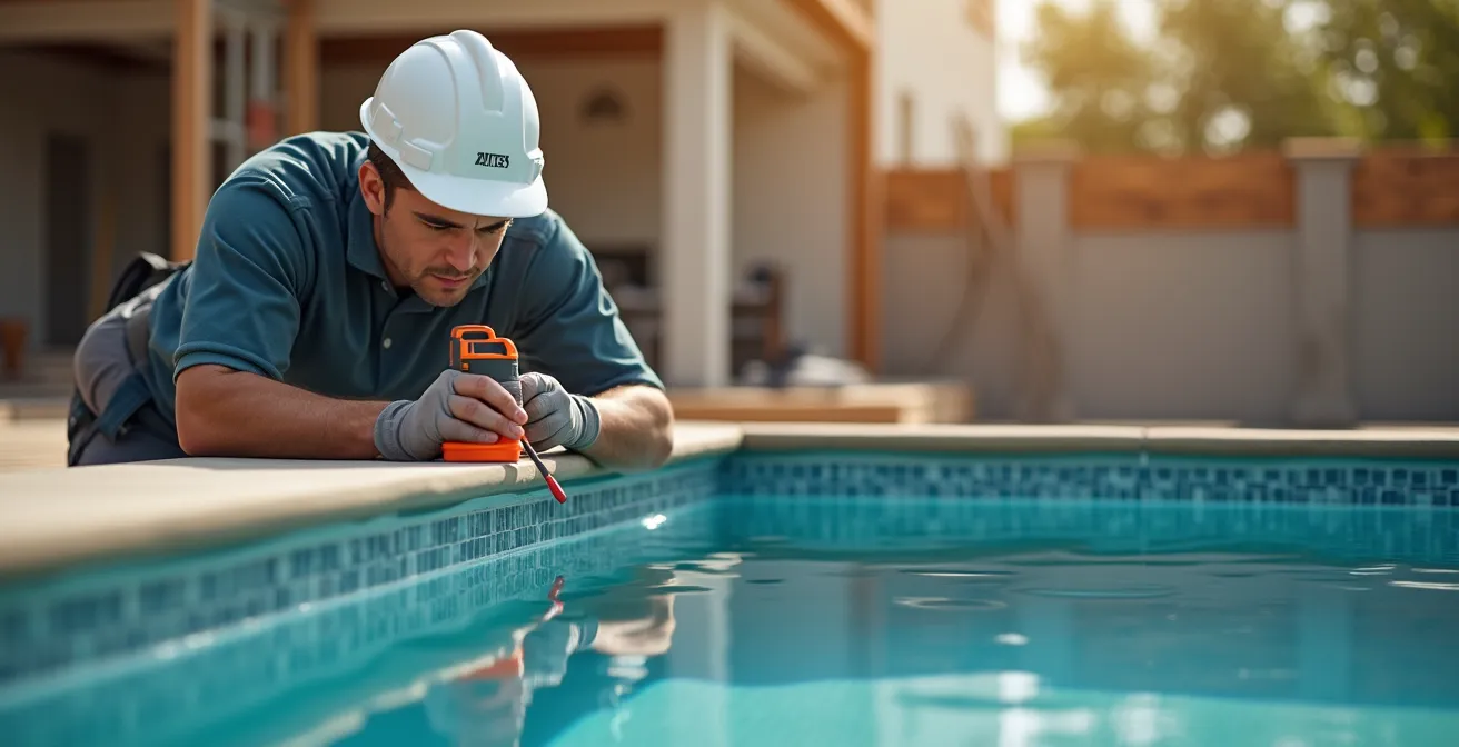 Professionnel vérifiant le nivellement d'une structure de piscine avec un niveau laser