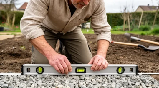 Jardinier vérifiant le drainage sur lit de gravier pour pose gazon synthétique
