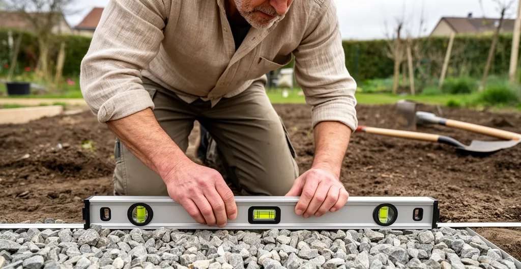 Jardinier vérifiant le drainage sur lit de gravier pour pose gazon synthétique